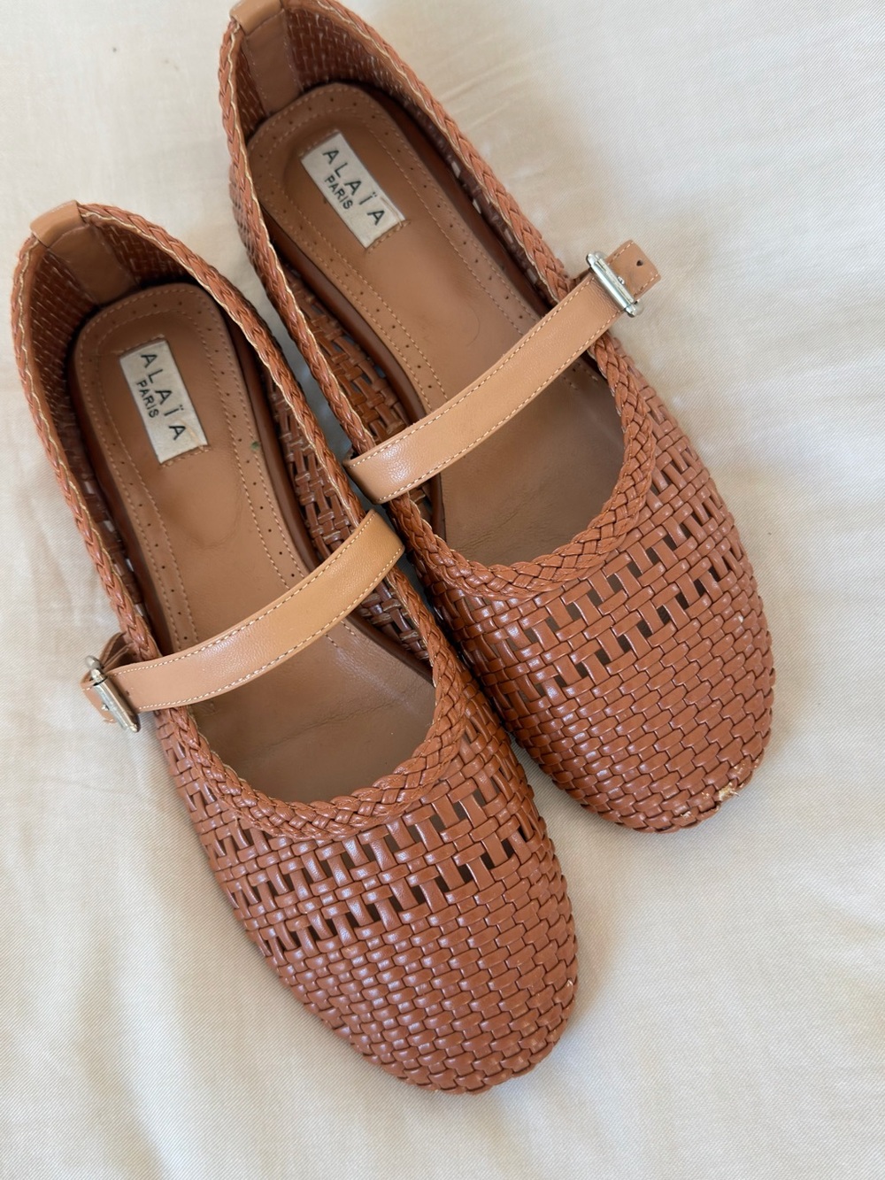 Alaia Woven Mary Jane Flats in Tan Cognac